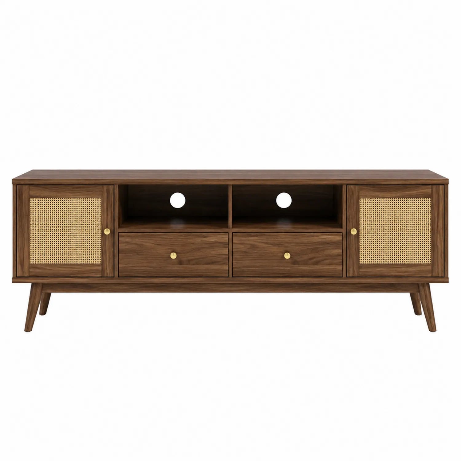 Mobile TV in legno con ante in rattan e cassetti
