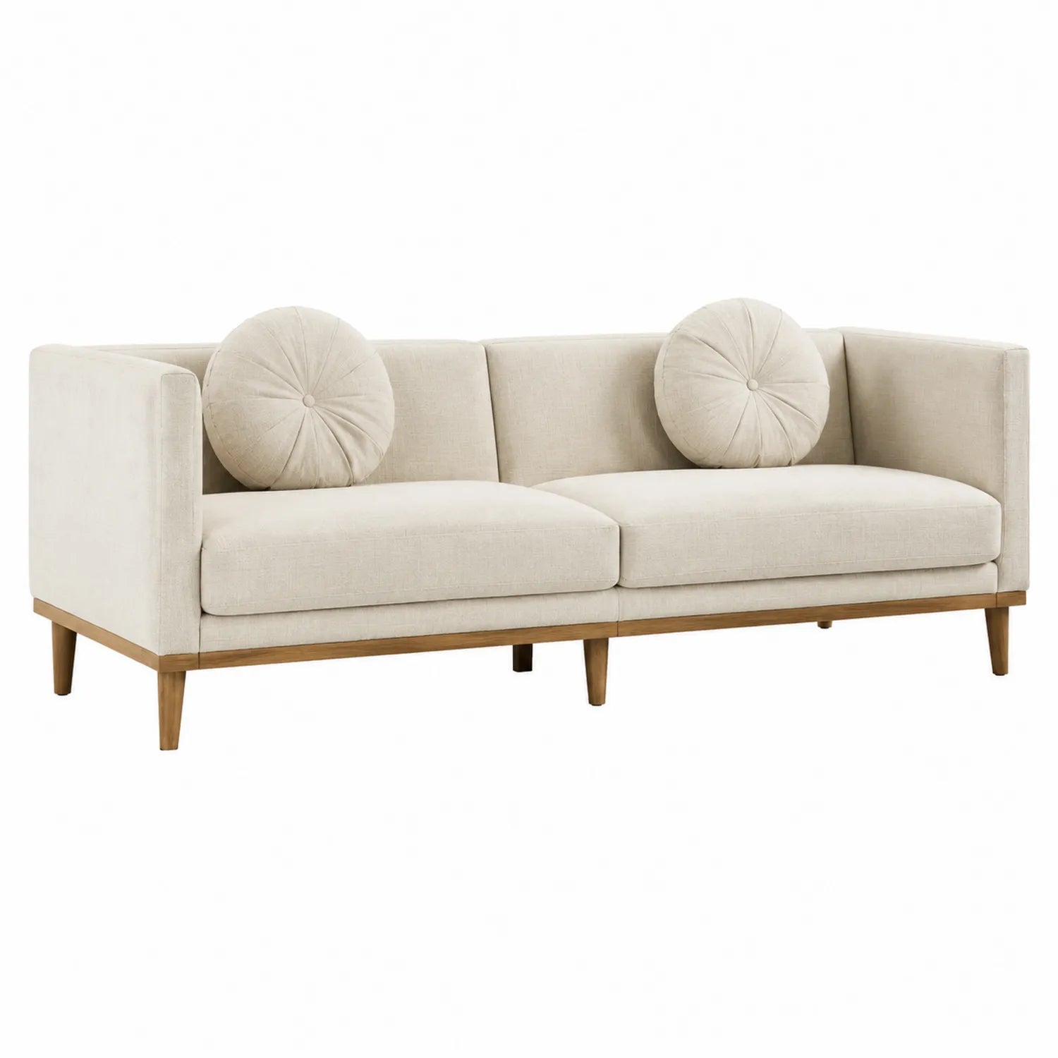 Divano in tessuto di lino con cuscini rotondi, 200x85x75 cm