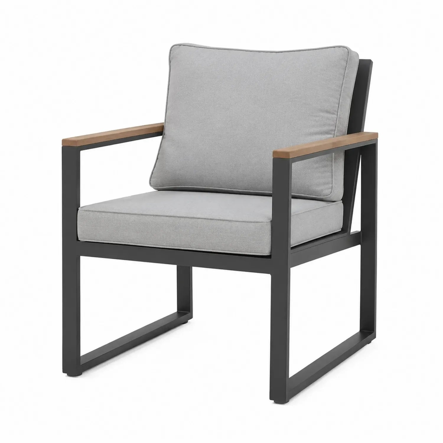 Sedia da esterno in alluminio con braccioli in legno e cuscini in poliestere grigio