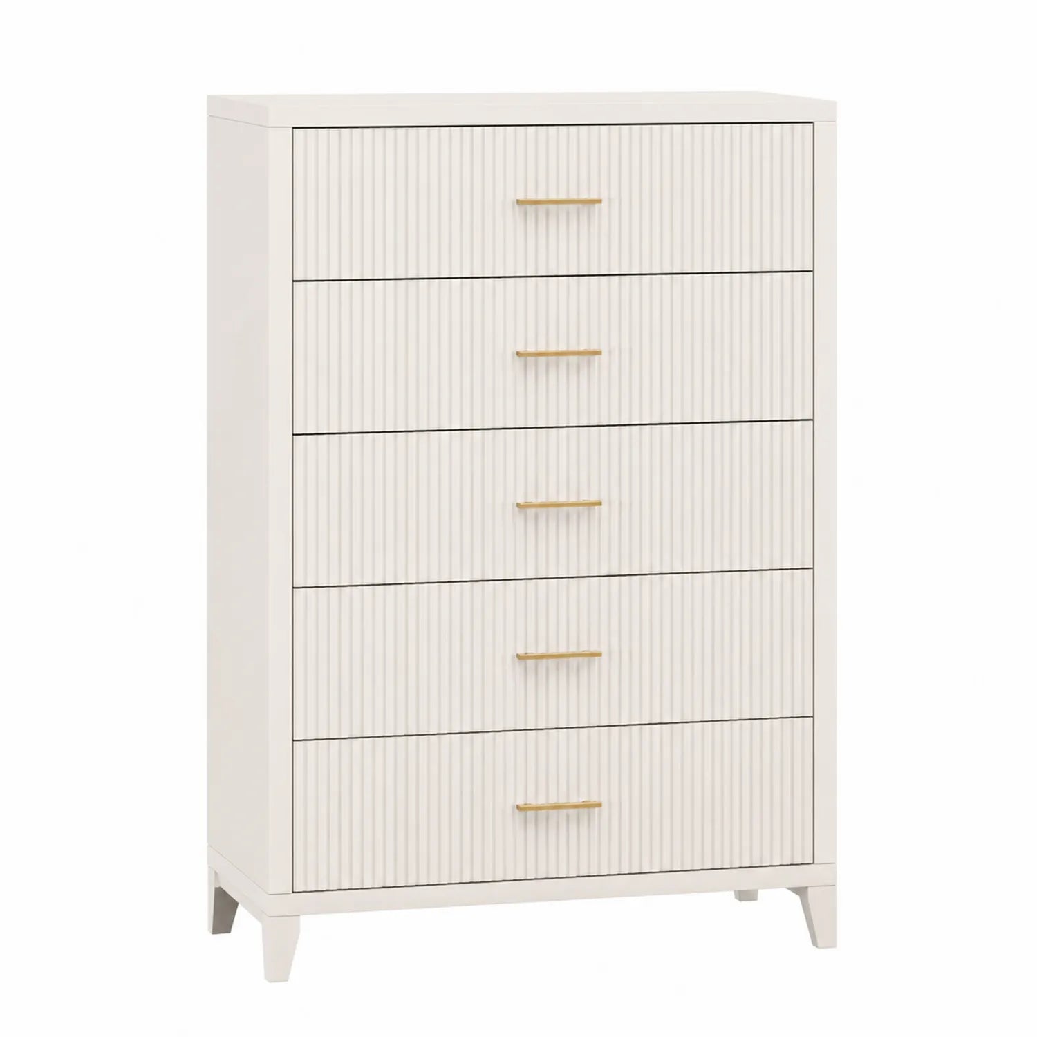 Cassettiera alta 5 cassetti legno verniciato bianco maniglie oro