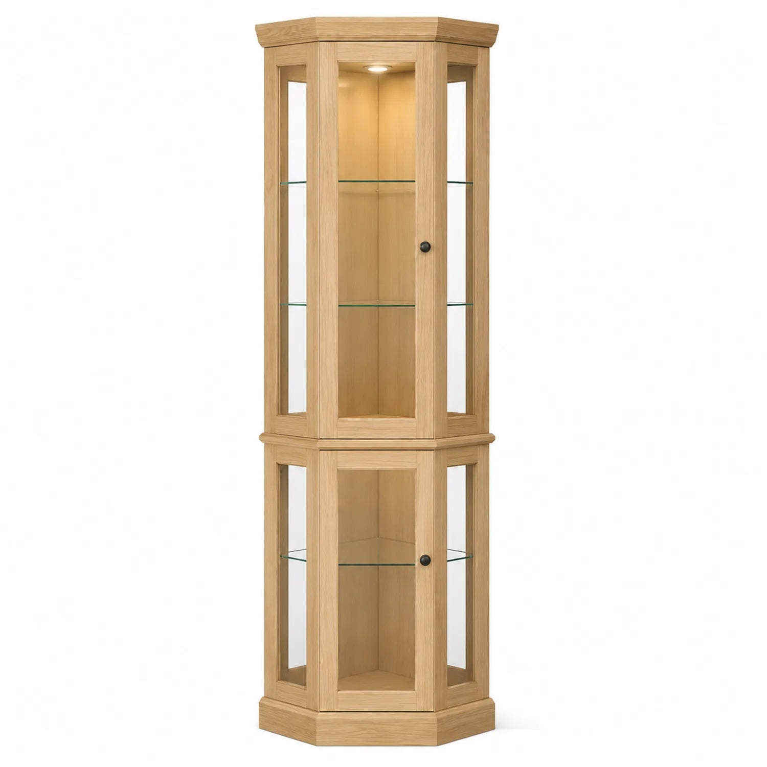 Vetrina Angolare in Rovere con Ripiani in Vetro Temperato e LED, 180x50x50 cm