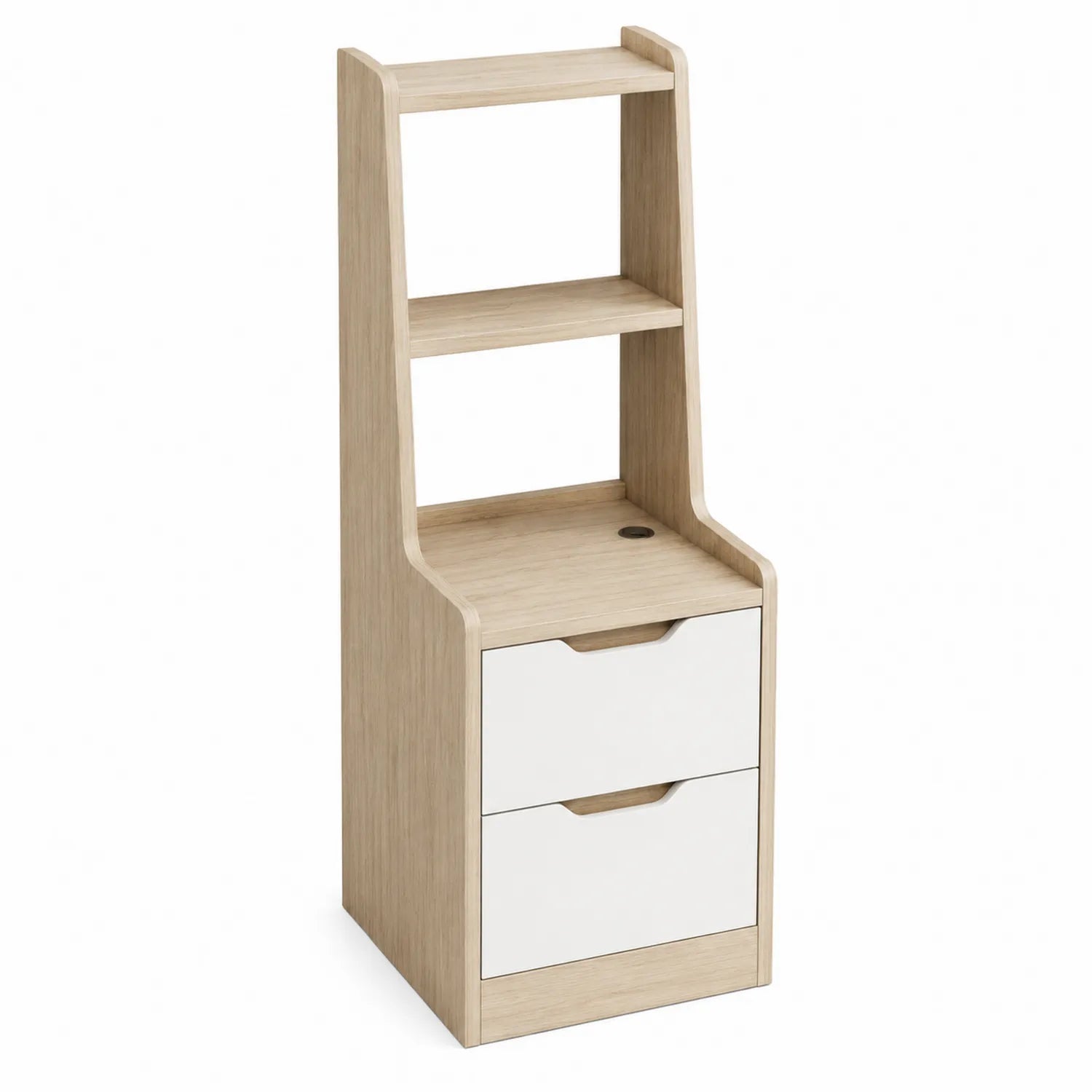 Comodino con Mensole in Legno MDF Rovere e Bianco con 2 Cassetti