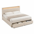 Letto matrimoniale con contenitore in tessuto beige e LED, 160x200 cm