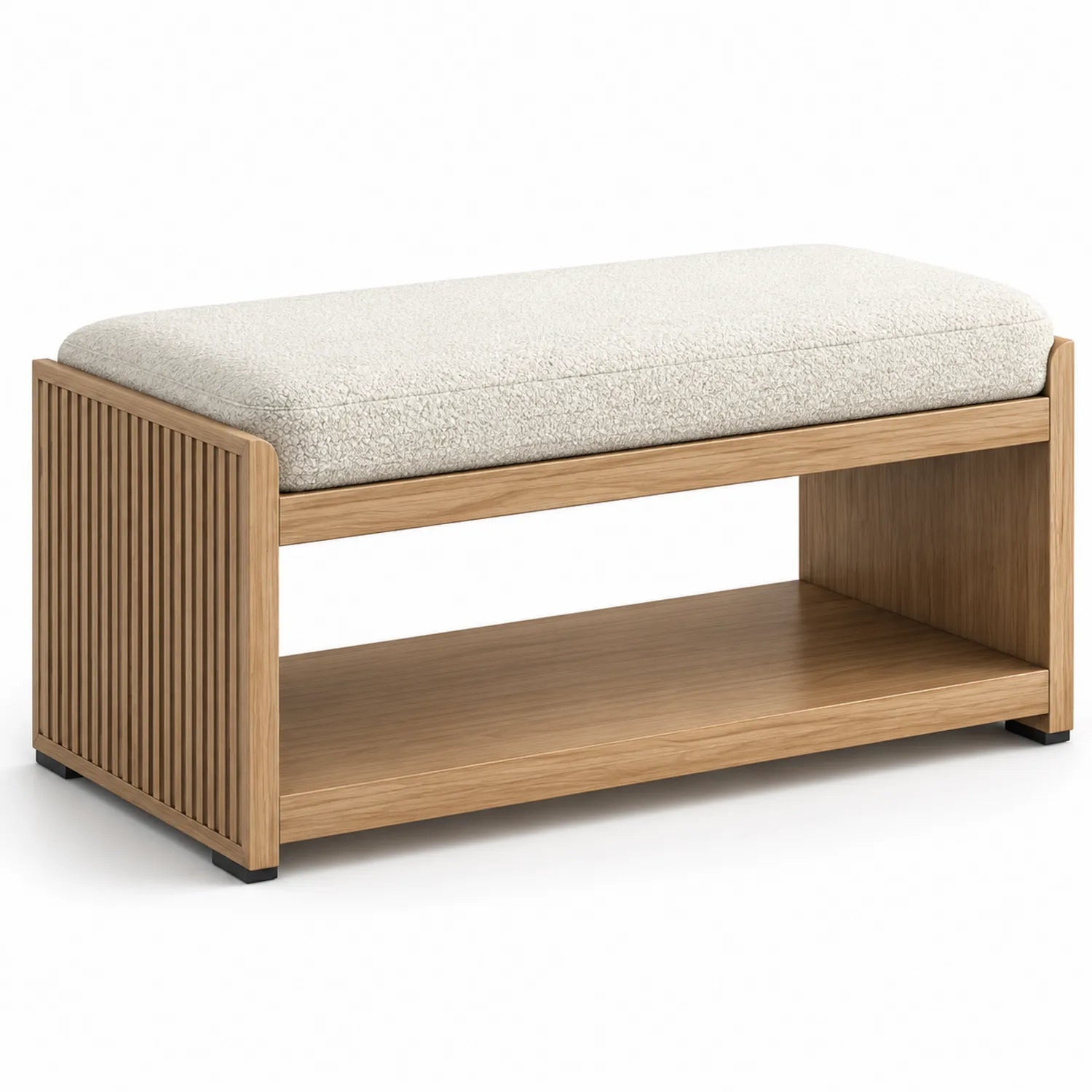 Panca in Legno con Seduta in Tessuto Beige e Ripiano