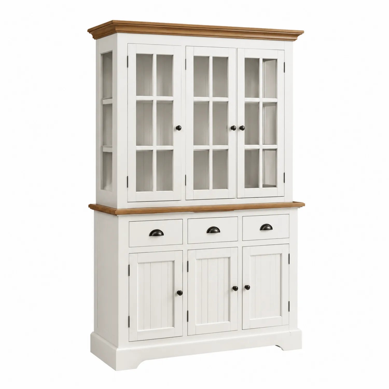 Credenza in legno bianco con ante in vetro e cassetti, 200x140x50 cm