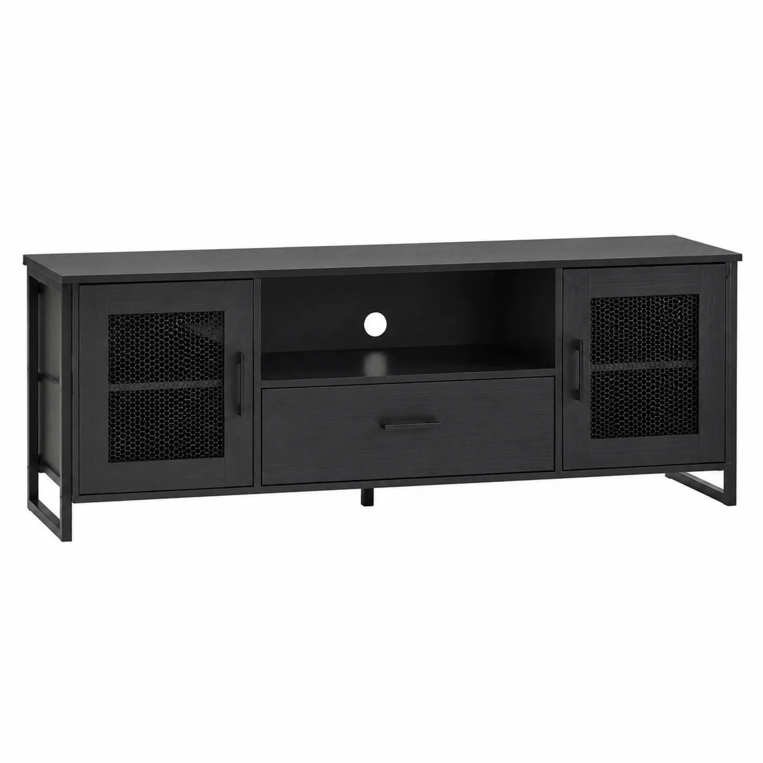 Mobile TV in Legno Composito e Metallo Nero con Ante a Rete e Cassetto 150x40x50cm