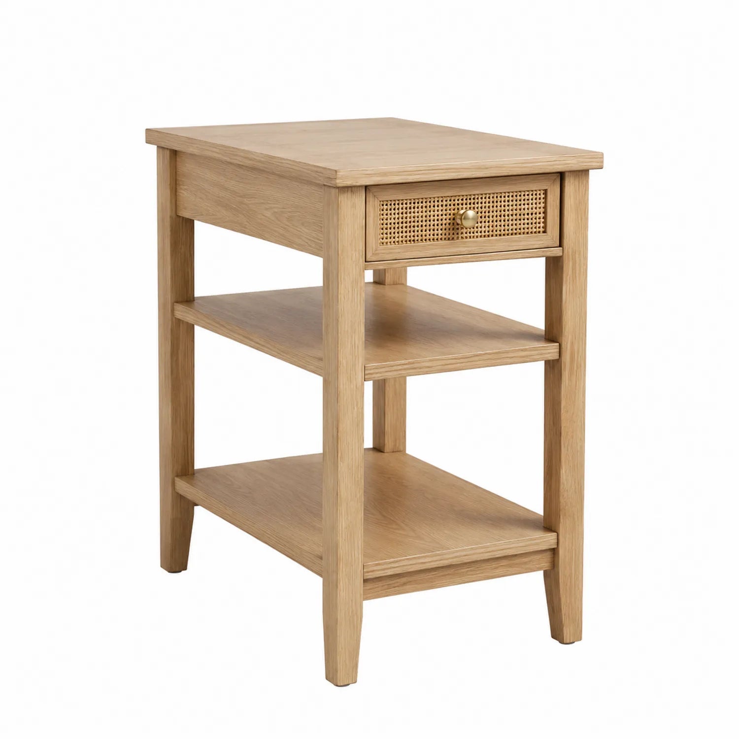 Comodino in Legno con Cassetto in Rattan e Ripiani