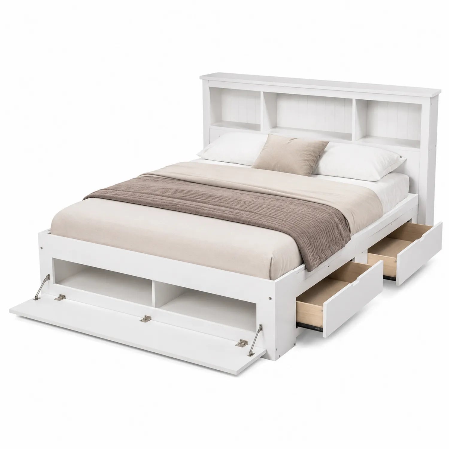 Letto matrimoniale in legno bianco con contenitore a mensole e cassetti