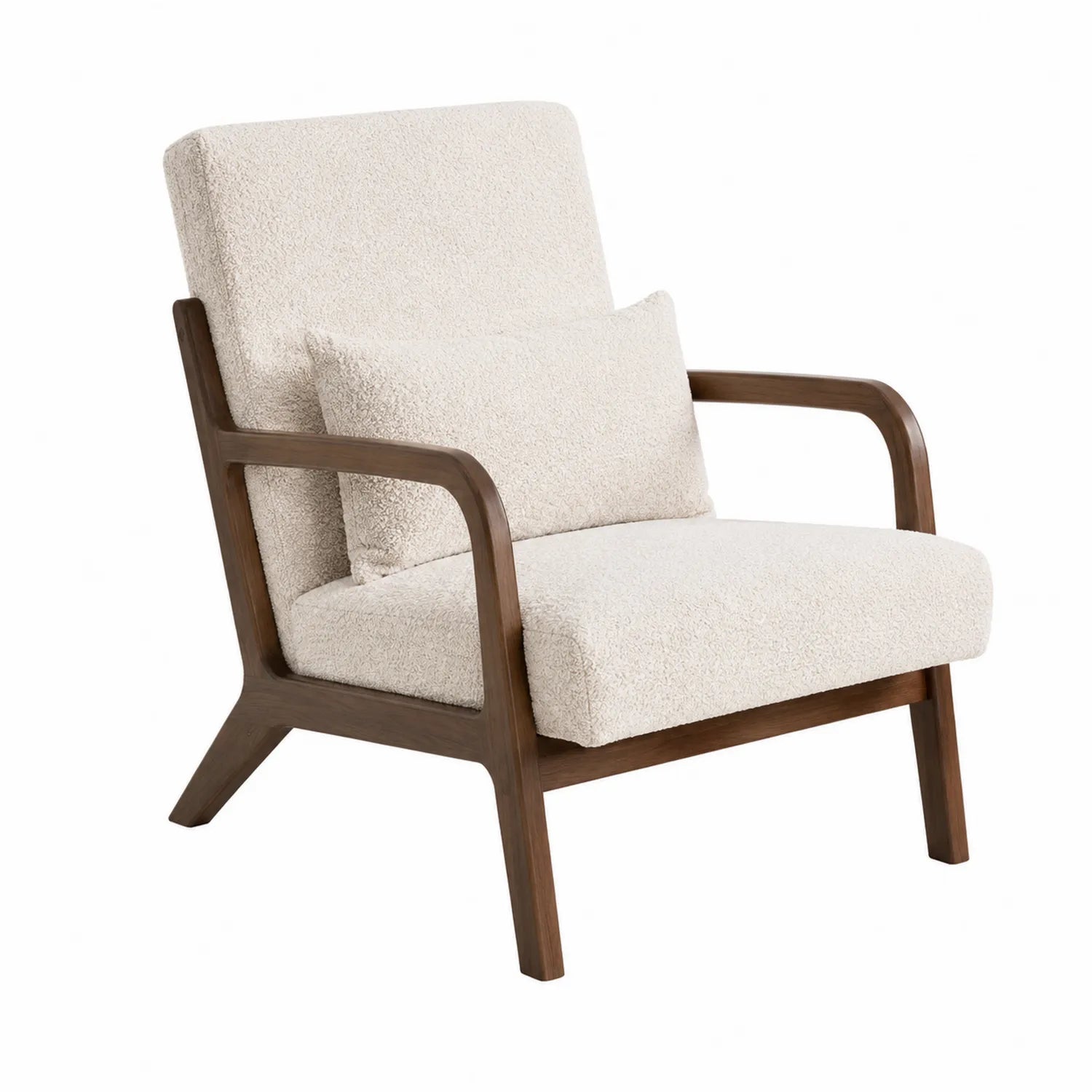 Poltrona in Tessuto Bouclé, Struttura in Legno Massello, Crema