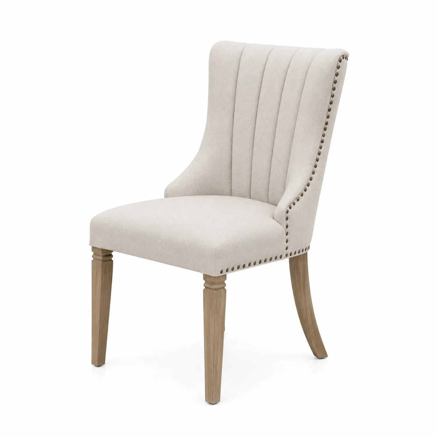 Sedia imbottita in tessuto beige con gambe in legno