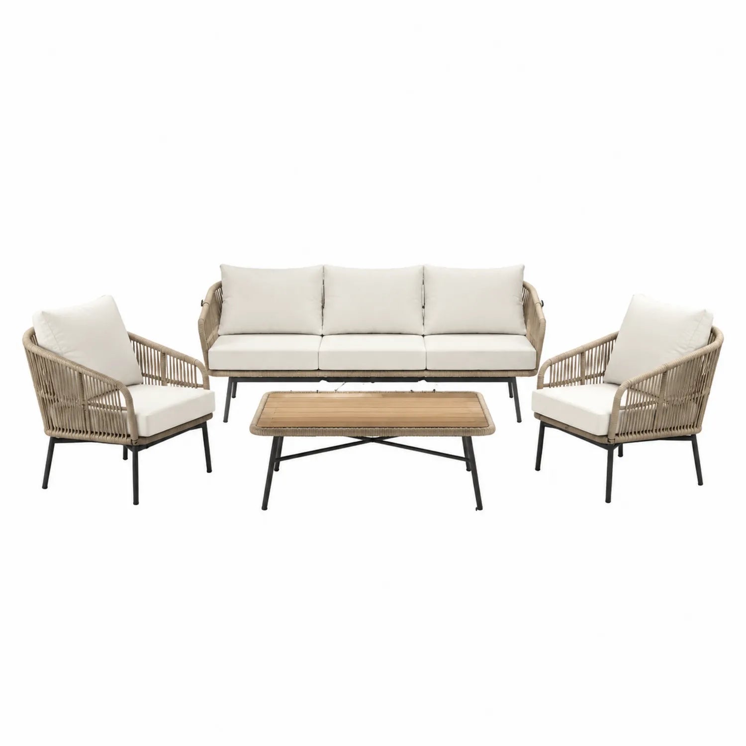 Set mobili da giardino in rattan con cuscini in poliestere e tavolino in legno