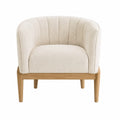 Poltrona in tessuto bouclé beige con struttura in legno di faggio