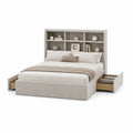 Letto matrimoniale in tessuto beige con libreria e cassetti integrati