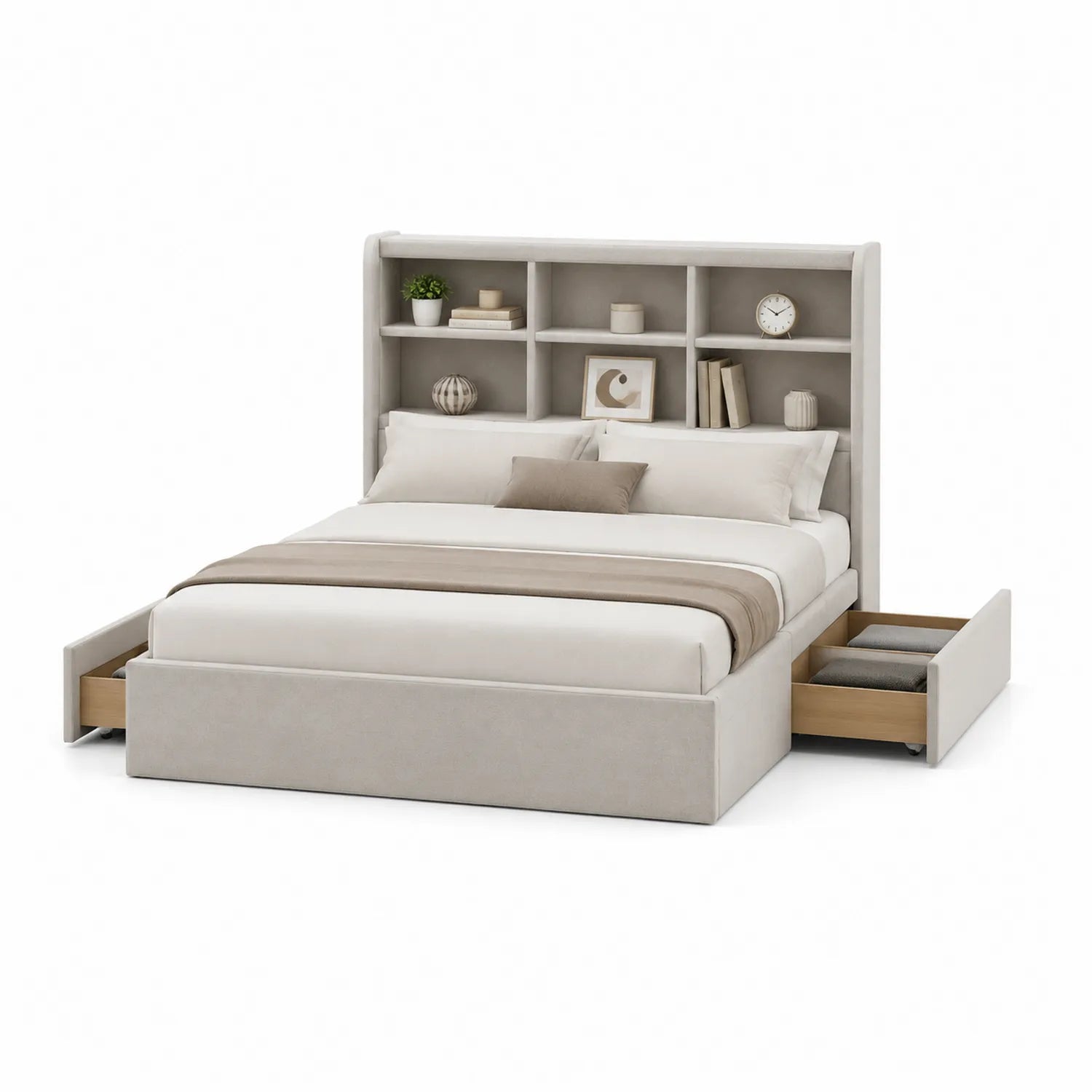 Letto matrimoniale in tessuto beige con libreria e cassetti integrati